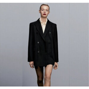 Massimo Dutti Long Line Double Breasted Black Blazer Limited Edition Size 8 NWT